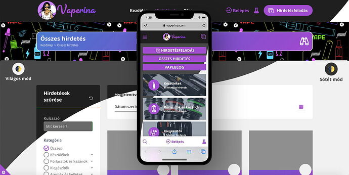 Az oldalon a Vaperina webhely hirdetésfeladás és hirdetések böngészése funkciói láthatók, mobil és asztali nézetben, világos és sötét mód váltással. (Feliratozva AI-val)