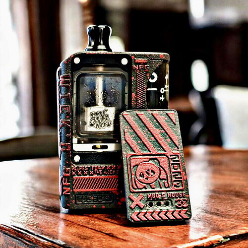 A detailed, black and red colored vape device is shown on a wooden table. (Labeled by AI)