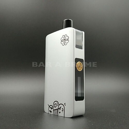 An electronic cigarette (vape) decorated with white and black patterns is visible in front of a dark background. (Labeled by AI)