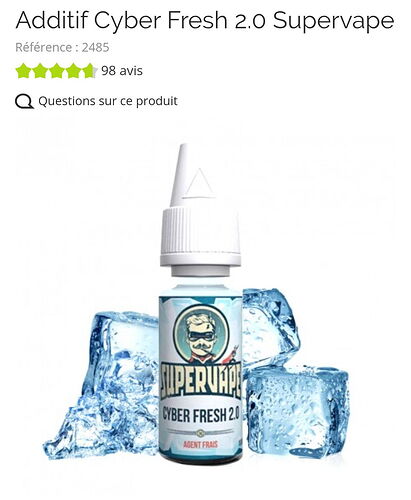 A kép egy Supervape márkájú Cyber Fresh 2.0 nevű hűsítő vape utántöltő folyadékot ábrázol jégkockák mellett, 98 pozitív értékeléssel. (Feliratozva AI-val)