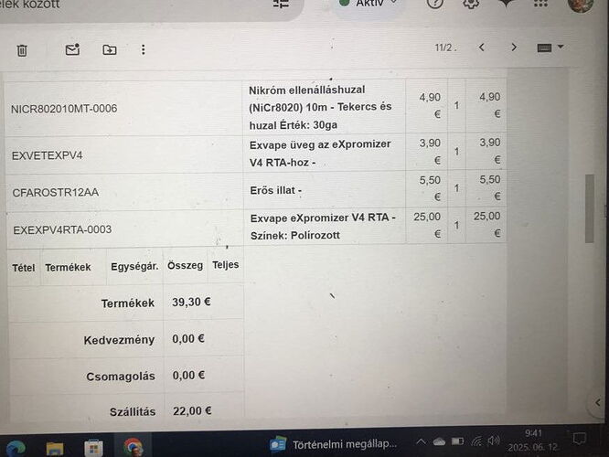 Screenshot of an online shopping invoice listing nichrome resistance wire, glass part, strong scent, and an e-vaporizer device, with a total product price of €39.30 and €22.00 shipping fee. (Subtitled by AI)