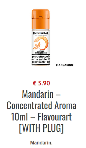 The image shows a 10 ml bottle of FlavourArt brand concentrated mandarin flavor, priced at €5.90. (Subtitled by AI)