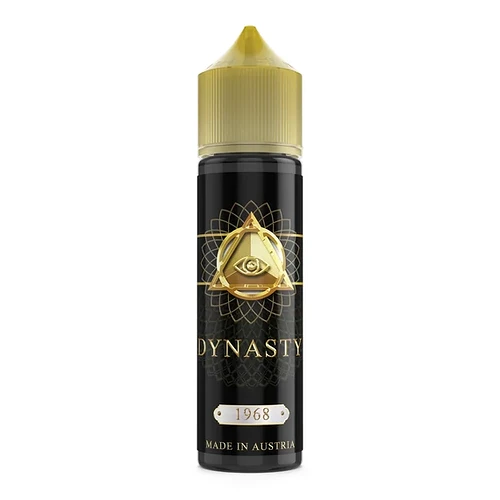 A liquid bottle labeled "DYNASTY 1968" in black and gold colors, made in Austria, with a gold cap. (Subtitled by AI)