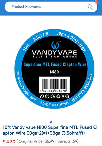 A product label and price for Vandy Vape Ni80 Superfine MTL Fused Clapton wire, 10ft long, 3.5 ohm/ft resistance. (AI-captioned)