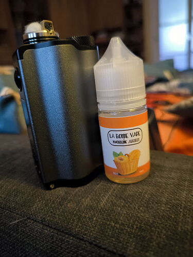 A dark gray e-cigarette device and a peach-apricot flavored e-liquid bottle are shown on a sofa. (AI-captioned)