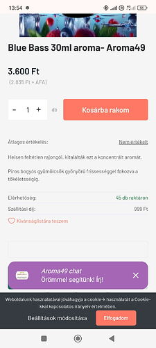 Purchase option for Blue Bass 30 ml Aroma49 concentrated aroma visible on the page, promising the freshness of red berries for 3,600 Ft, with 45 items in stock and a 999 Ft shipping fee. (Subtitled by AI)