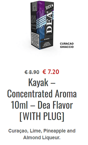 A képen egy Kayak nevű, 10 ml-es koncentrált aroma látható, amely Curaçao, lime, ananász és mandula likőr ízesítést tartalmaz, ára €7.20. (Feliratozva AI-val)