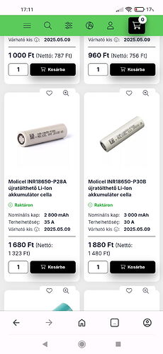 Sur la capture d'écran, des cellules de batterie Li-ion rechargeables Molciel INR18650 sont visibles avec différentes capacités, prix et spécifications techniques dans une boutique en ligne. (Légendé par IA)
