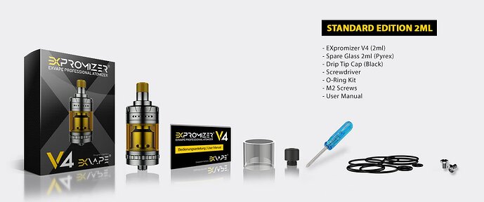 The EXpromizer V4 STANDARD EDITION 2ML kit includes a 2ml atomiser, spare glass, drip tip, screwdriver, O-ring set, M2 screws, and user manual. (Labeled by AI)