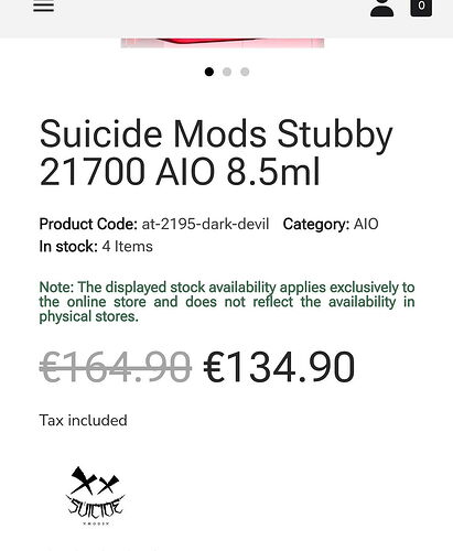 L'image montre la page produit d'une boutique en ligne proposant le produit "Suicide Mods Stubby 21700 AIO 8.5ml", ainsi que son prix, des informations de stock et une note sur la disponibilité. (Légendé par IA)