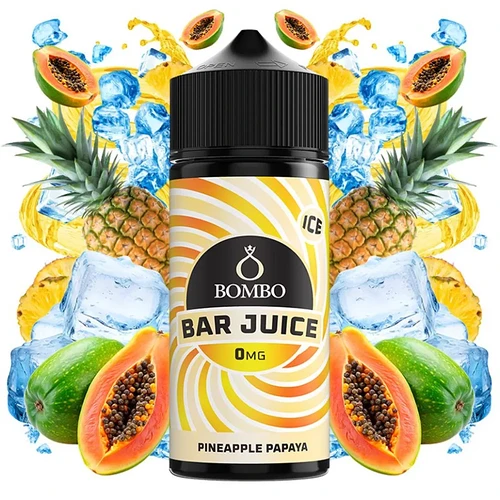 A képen egy Bombo Bar Juice ízesítésű, ananász és papaya gyümölcsös ízű, jégkockákkal díszített, nikotinmentes e-liquid palack látható. (Feliratozva AI-val)