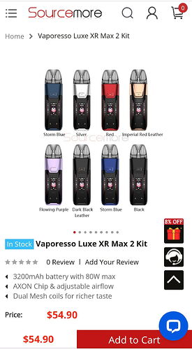 The image shows an online store page where the Vaporesso Luxe XR Max 2 Kit e-cigarette is available in different colors (e.g., Storm Blue, Silver, Red, Imperial Red Leather), priced at $54.90. (Subtitled by AI)