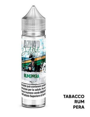 The picture shows a flavored vape liquid named "RUMEPPERA", with tobacco, rum, and pear listed among the ingredients. (AI-generated caption)