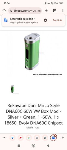 A képen egy Rekavape Dani Mirco Style DNA60C 60W VW Box Mod látható ezüst és zöld színben, amely egy 18650-es akkumulátorral működik és Evolv DNA60C chipsettel rendelkezik. (Feliratozva AI-val)
