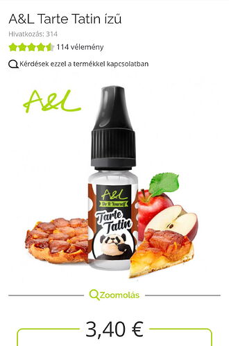 A képen egy A&L márkájú Tarte Tatin ízű folyadék található, mellette egy szelet torta és alma látható, valamint a termék ára is szerepel. (Feliratozva AI-val)