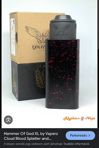 The picture shows a Hammer Of God XL Vape device decorated with red spots on a black background and its box, which features the Valhalla logo. (Captioned by AI)