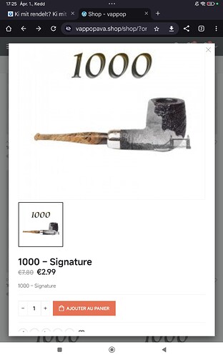 Sur la photo, une chicha est visible, avec à côté le prix de 2,99 € et le nom du produit "1000 – Signature". (Légendé par IA)