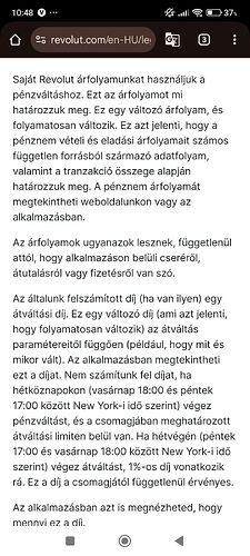 A kép egy Revolut weboldalról származó szöveget mutat, amely a pénzváltási árfolyamokról, díjakról és azok változásairól, valamint a díjak időbeli érvényességéről tájékoztat. (Feliratozva AI-val)