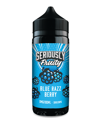 The image shows a blue fruity flavored vape liquid named 'Blue Razz Berry', and available under the 'Seriously Fruity' brand. (Subtitled by AI)