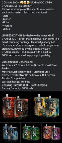 A kép az egyedi, limitált kiadású Stabwood XR-80 DNA80C AIO, kézzel készült stabilizált fa és rozsdamentes acél anyagból, több színváltozatban bemutatott elektromos dohányzóeszközt mutatja be, mely 3000mAh akkumulátorral és Evolv DNA80c chipsettel rendelkezik. (Feliratozva AI-val)