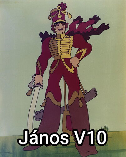 Sur l'image, une figure animée porte un uniforme militaire festif orné et tient une épée dans sa main. L'inscription "János V10" apparaît en dessous. (Légendé par l'IA)