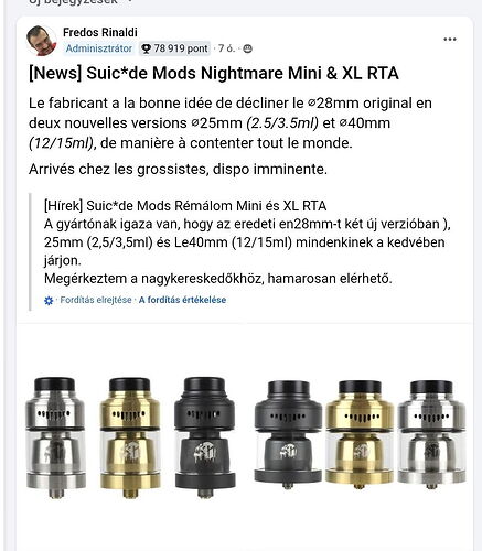 A kép egy közösségi média bejegyzést mutat, amelyben különböző színű és méretű Suic*de Mods Nightmare Mini és XL RTA vaporizátor tartályokat hirdetnek francia és magyar nyelven, kiemelve ezek új változatait és hamarosan elérhetőségüket. (Feliratozva AI-val)