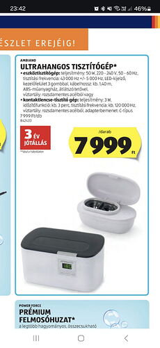 Az Ambiano ultrahangos tisztítógép műszaki adataival és árával, valamint a 3 év jótállás feltüntetésével megjelenített termékhirdetés látható. (Feliratozva AI-val)
