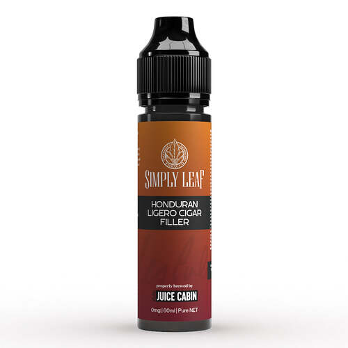 The image shows a 60ml nicotine-free "Simply Leaf" brand e-liquid bottle, with the flavor "Honduran Ligero Cigar Filler" from the manufacturer Juice Cabin. (Subtitled by AI)