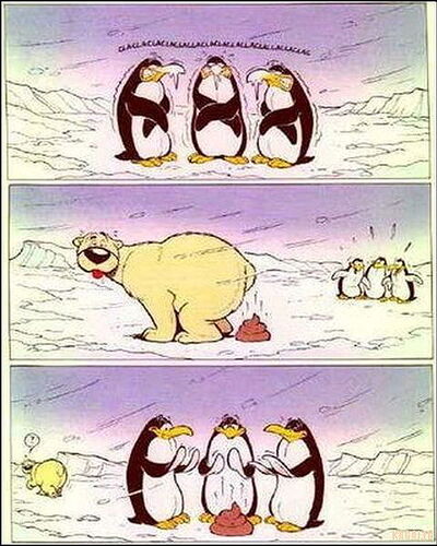A képen három pingvin áll, miközben egy medve boldogan termel, a pingvinek pedig döbbenten figyelik az eseményeket. (Feliratozva AI-val)