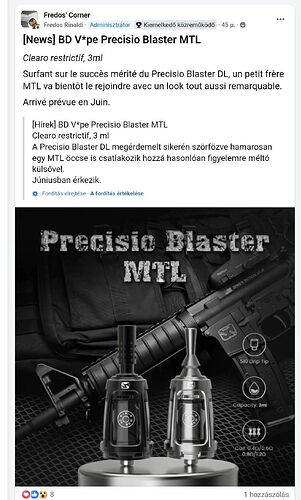 The image shows a new BD V*pe Presisio Blaster MTL e-cigarette tank with a 3ml capacity, arriving on the market in June. (Subtitled by AI)