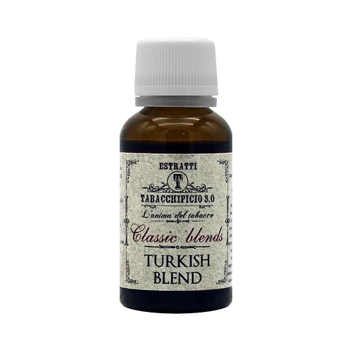 An aromatic liquid in a brown bottle labeled "Turkish Blend", representing the Tabacchificio 3.0 brand. (Labeled by AI)