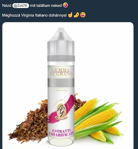 A képen egy folyadékos flakon látható aprított dohánnyal és kukoricacsövekkel, valószínűleg egy Virginia olasz dohány ízű termék összetevőit illusztrálva. (Feliratozva AI-val)