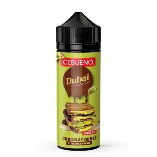 This is a CEBUENO brand bottle depicting a Dubai-flavored vape liquid, which has pistachio and kunafa flavors. (Subtitled by AI)