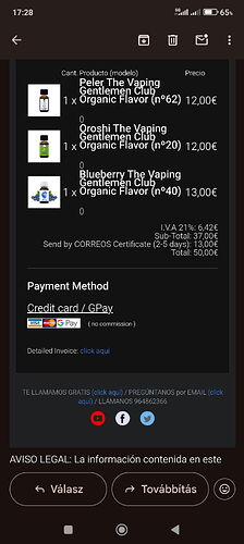 A képen egy mobiltelefon képernyője látható, amely egy online vásárlás kosarát vagy rendelésösszesítőjét jeleníti meg, háromféle organikus vape ízzel, 50,00€ végösszeggel, valamint fizetési és szállítási adatokkal. (Feliratozva AI-val)