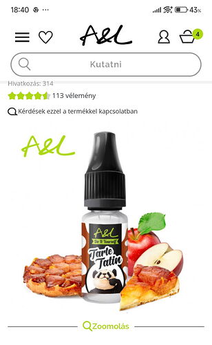 Une bouteille de liquide de vapotage saveur Tarte Tatin est montrée sur la photo, accompagnée de pommes et de pâtisseries, ainsi que du logo A&L. (Sous-titré par IA)