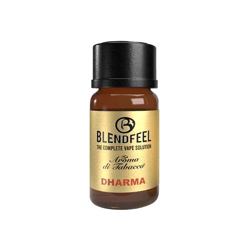 L'image montre un liquide de vape e-liquid BLENDFEEL nommé ARÔMA di Tabacco DHARMA dans une bouteille brune avec un bouchon noir. (Légendé par IA)