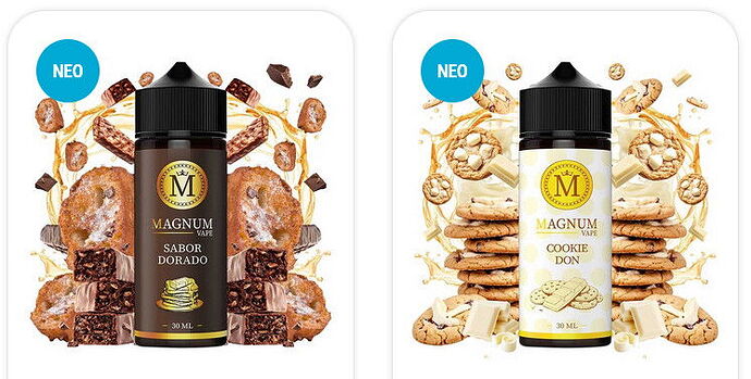 L'image montre deux bouteilles de e-liquide Magnum Vape, l'une Sabor Dorado saveur chocolat-noix et l'autre Cookie Don saveur chocolat blanc-biscuit. (Légendé par IA)