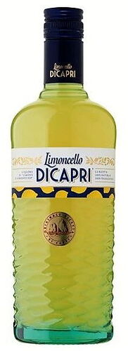 Egy zöldes-sárga színű üveg likőr, amelyen "Limoncello DiCapri" felirat látható. (Feliratozva AI-val)