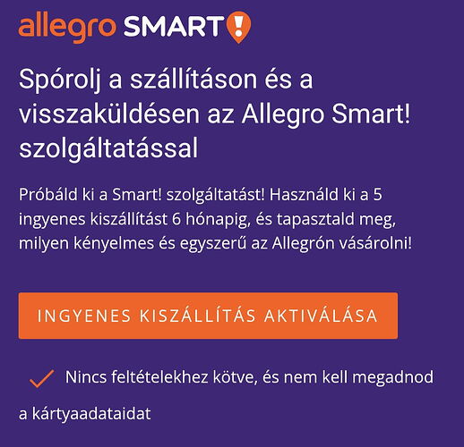 Az Allegro Smart! szolgáltatás ajánlata, amely 6 hónap ingyenes kiszállítást kínál a vásárlók számára. (Feliratozva AI-val)