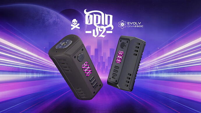 A képen két fekete, modern EVOLV DNA250C típusú elektromos eszköz látható futurisztikus, lila-kék háttér előtt, az OG V2 felirat és egy koponya motívum mellett. (Feliratozva AI-val)