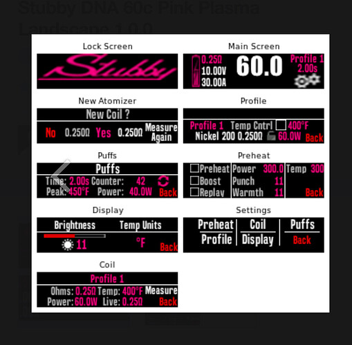 The screen displays a digital interface with a black background and pink/white text, showing detailed settings and operational data for a Stubby branded device, likely an e-cigarette, including power, puff count, and temperature control. (Subtitled by AI)