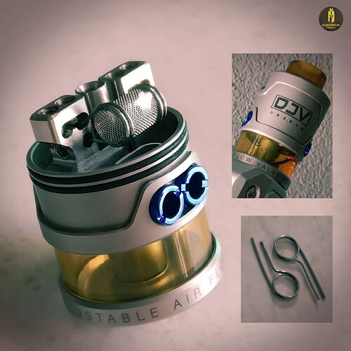 This is an image of a modern, stainless steel air flow control unit with a gold-colored tank, as well as two smaller images showing details and accessories of the structure. (Captioned by AI)