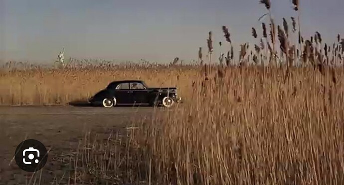 Une voiture vintage de couleur sombre roule sur un chemin de terre, bordé des deux côtés par de hautes roseaux secs sous un ciel dégagé. (Légendé par IA)