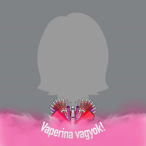 Az árnyékban egy női fejet ábrázoló sziluett látható, alatta különféle vape eszközök egy szív alakban, és a felirat: "Vaperina vagyok!" rozsdabarna felhőkkel körülvéve. (Feliratozva AI-val)
