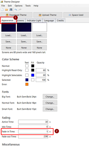 The image shows the 'Appearance' tab of a Theme Designer software, where the 'Fade-in time' is set to 1 second. (Subtitled by AI)