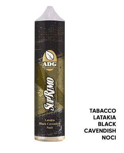 This image depicts a bottle of SupRmo brand e-liquid with the flavor profile of tobacco, latakia, black cavendish and noce. (captioned by AI)