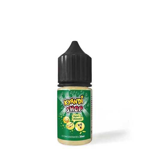 A Kyandi Shop Super Banana Concentrates 30ml bottle is shown with a black cap and a bright green label featuring banana-like emojis. (Labeled by AI)
