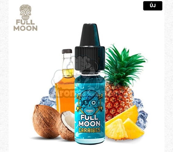 An image depicts a Full Moon Caribes e-liquid bottle surrounded by coconut, pineapple, and a bottle of golden liquid (likely alcohol or flavoring) with ice. (AI-generated caption)