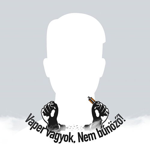 Az image egy fehér sziluett figurát ábrázol, aminek fekete kezei bilincsben vannak, az egyik kézben pedig egy elektromos cigaretta, alatta a "Vaper vagyok, Nem bűnöző!" felirat olvasható. (Feliratozva AI-val)