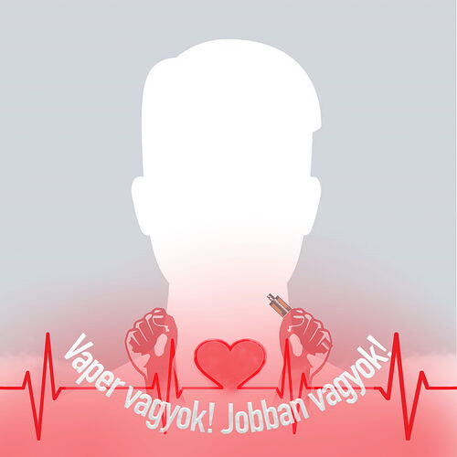 Az ábrán egy szív alakú elektromos impulzusvonal körül két ököl látható, egyikben egy vape eszköz, a szöveg pedig azt mondja: „Vaper vagyok! Jobban vagyok!”. (Feliratozva AI-val)